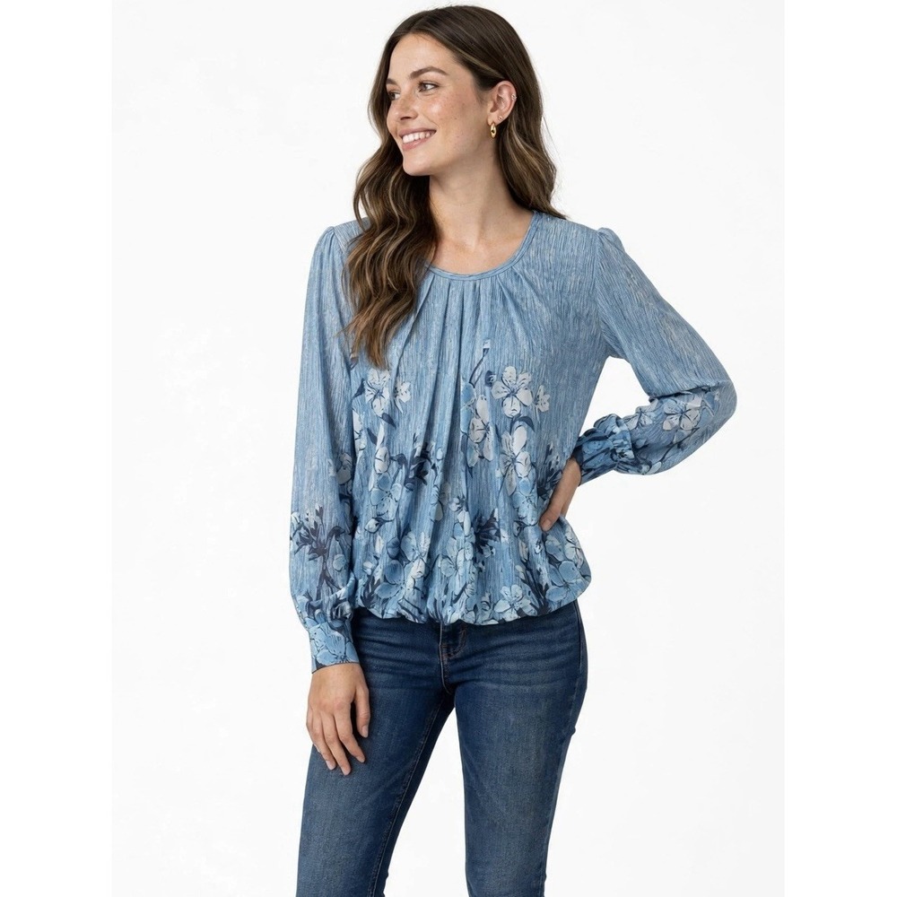 Timeson Blue Floral Pleated Long Sleeve Flowy Top Medium